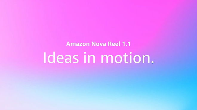 Amazon Nova Reel 1.1 logo in white in front of a pink and light blue background.
