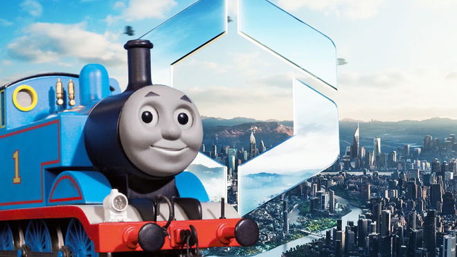 Thomas the Tank Engine smiling next to Cities Skylines 2