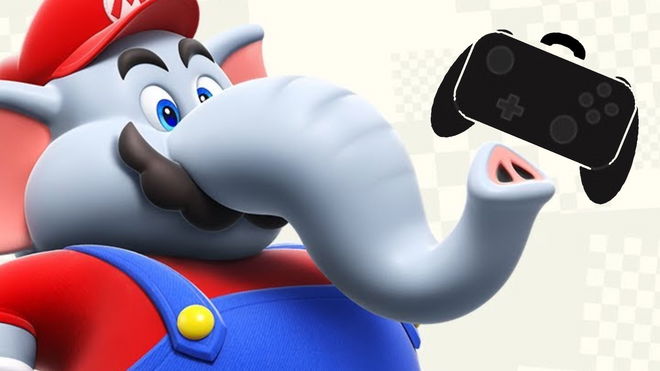 Elephant Mario from Super Mario Wonder next to the Nintendo Switch 2 Pro Controller 