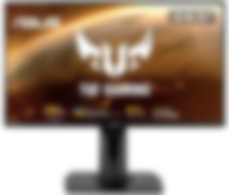 ASUS TUF Gaming VG258QM product image of a black monitor with ASUS branding in white in front of an orange planet on the display.