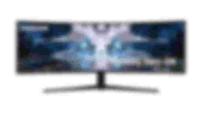 Samsung Odyssey Neo G9 product image of a black ultrawide monitor featuring a white Sci-Fi bridge with blue lights on the display.
