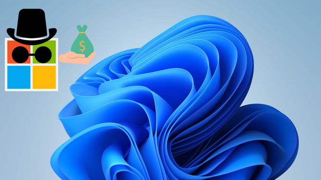 windows logo with spy hat and hand holding money bag on windows 11 background