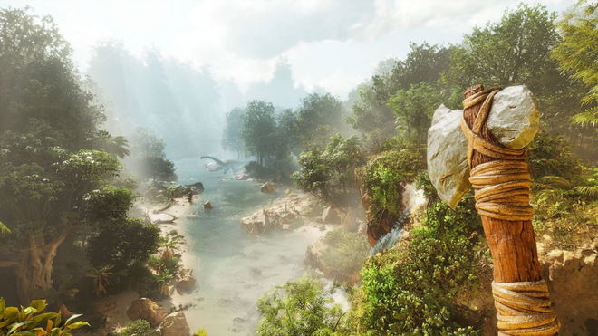 Ark: Survival Ascended image featuring a first-person POV of a hunter in a vast jungle