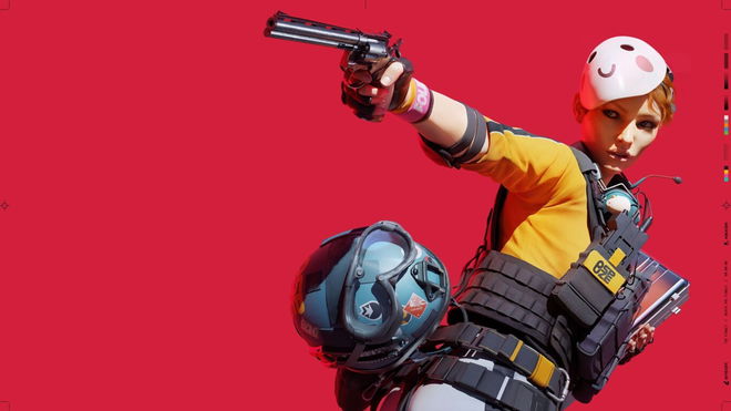 A The Finals character aiming with a revolver at something off-screen 
