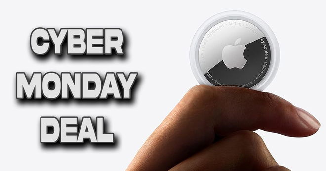 Someone holding up a silver and white circular AirTag next to "CYBER MONDAY DEAL" branding.