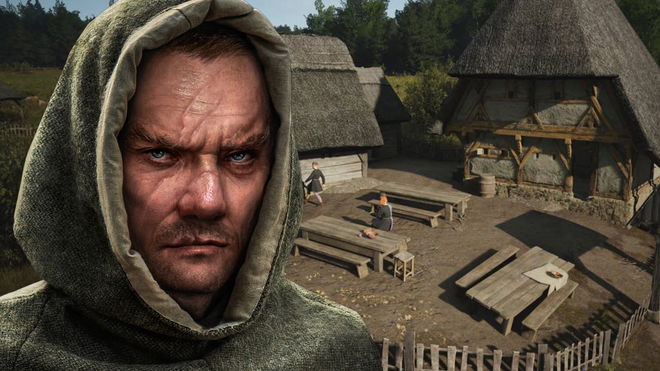 Manor Lords Sawpit: A portrait of a masculine character with several large scars across their face and wearing a hood, placed above a background of a building.