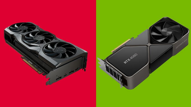 4080 in front of a green background and a 7900 XTX in front of a red background