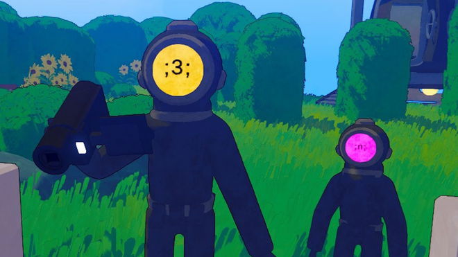 Content Warning player holding gun with player standing in background
