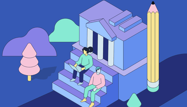 cartoon image of students sitting on front of a grand building - Hemingway App vs Grammarly