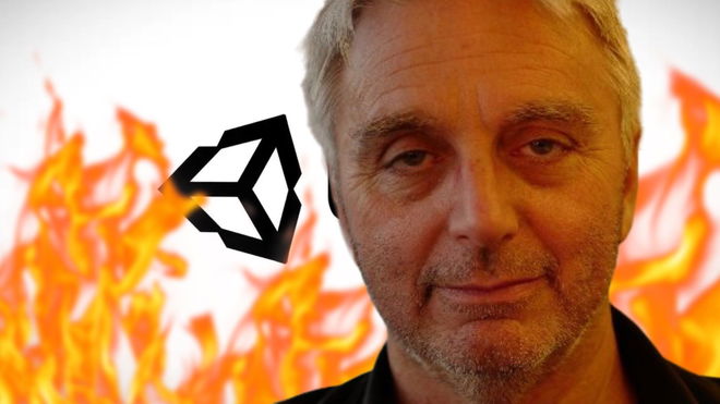 Unity CEO John Riccitiello on top of a burning Unity logo 
