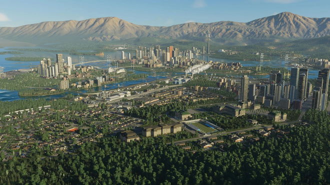 Cities Skylines 2 key art featuring a massive city filled with skyscrappers as background