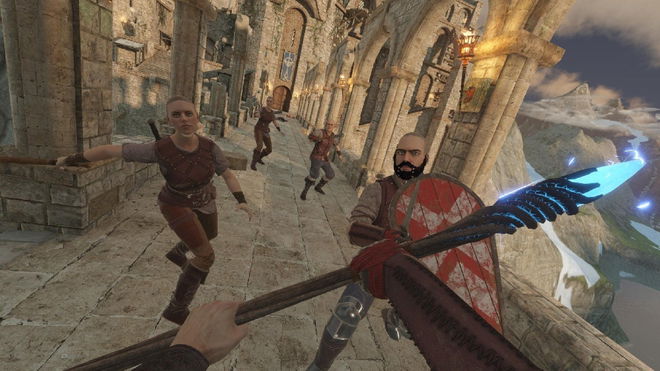 POV of a character holding a Lightning-imbued Staff against a group of attackers in Citadel in Blade and Sorcery