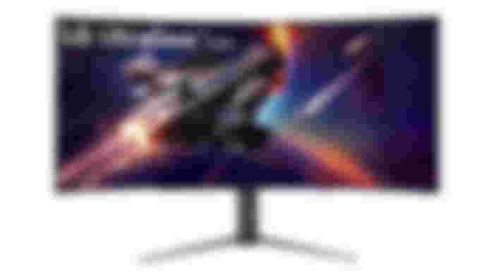 LG Ultragear 45GR95QE product image of a black ultrawide, curved monitor featuring a Sci-Fi space ship flying in space on the display.