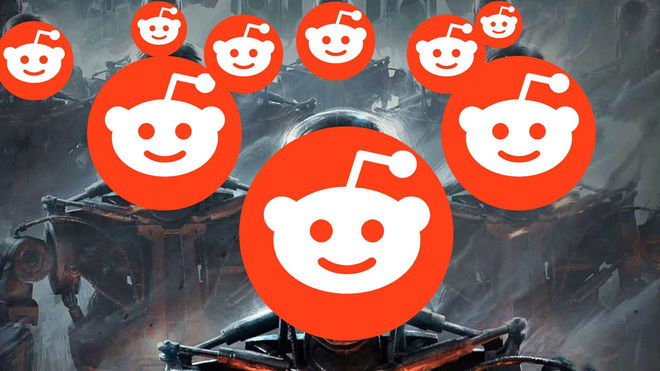 Reddit logos plastered over various robots from Terminator franchise