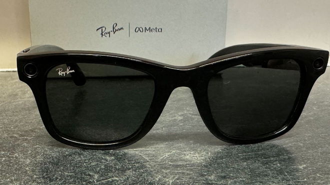 Ray-Ban Meta Wayfarer sunglasses in front of the box they arrive in