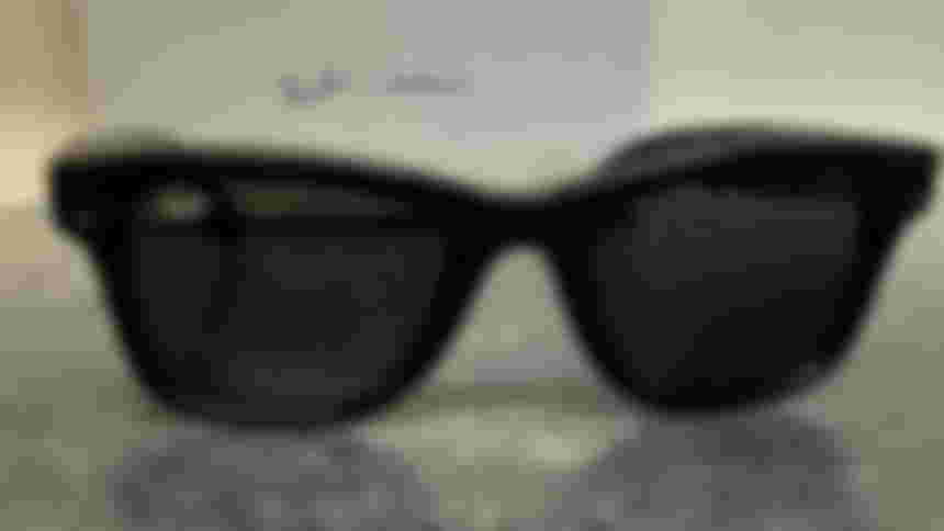 Ray-Ban Meta Wayfarer sunglasses in front of the box they arrive in