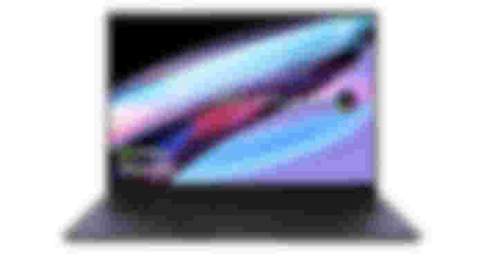 ASUS Zenbook Pro 14 OLED product image of a black, thin laptop with a light blue and purple pattern on the display.