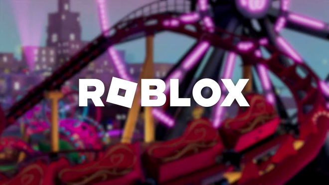 The Roblox logo with a rollercoaster in the background