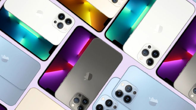 Different versions of the iPhone 13 all laying next to each other in a strange pattern