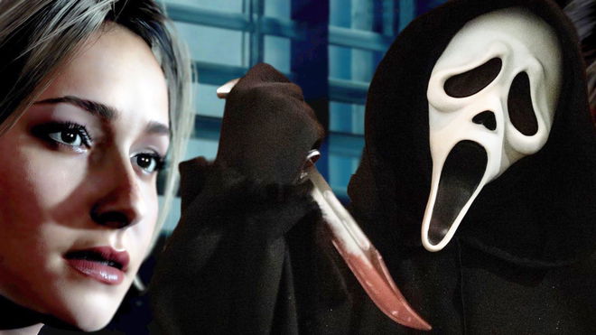 The Scream ghost face killer brandishing a weapon next to a superimposed head of Hayden Pennitiere from Supermassive Games’ Until Dawn 
