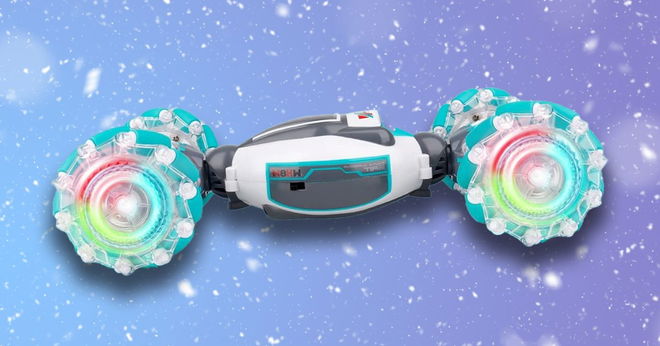 A white, blue, and light gray RC car featuring blue, green, and red lit-up wheels in front of a snowy light blue and purple background.