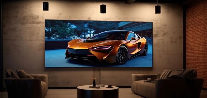 Image of a large flatscreen TV mounted to a wall in a living room under three downward facing lights. The TV features an orange supercar on the display.