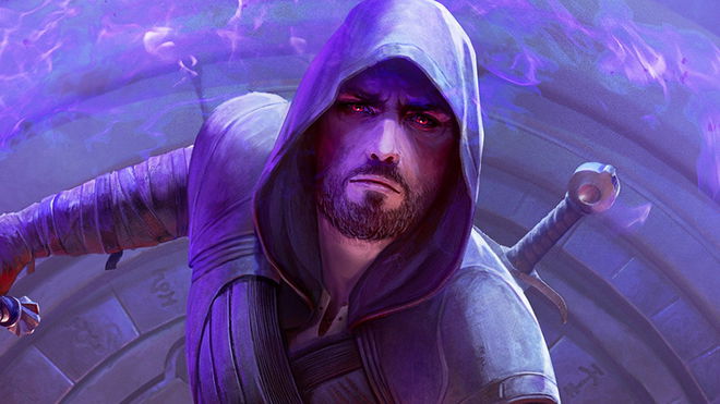 Man with a sword and red eyes in front of the temple door in Blade and Sorcery 1.0 key art