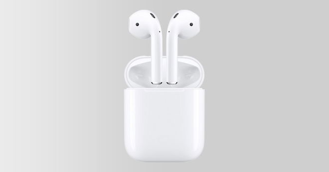 A pair of white AirPods with a Charging Case on a gray background.