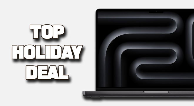 A dark gray Apple MacBook Pro next to "TOP HOLIDAY DEAL" branding in white with a black outline.