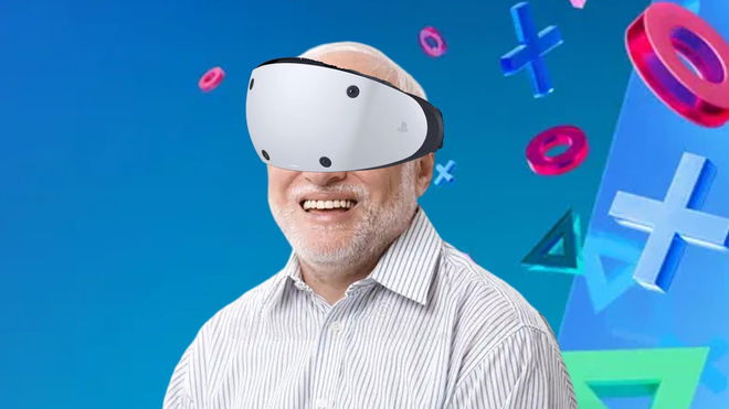 Hide the Pain Harold from stock images wearing a PSVR 2 headset in front of the Days of Play wallpaper