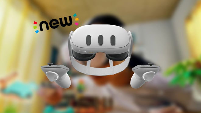Meta Quest 3 in front of a blurred press image with the Nintendo New tag next to it
