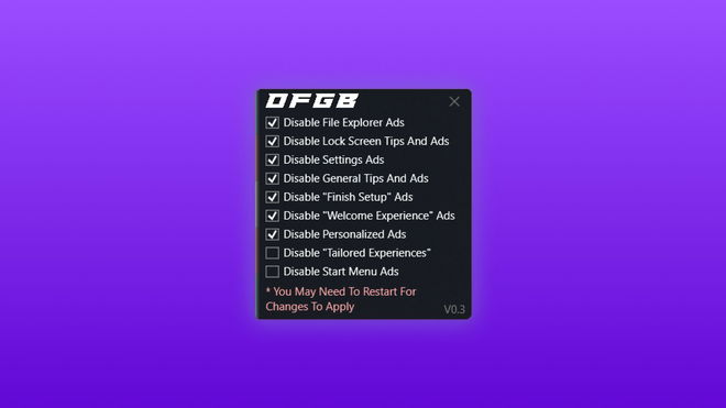 OFGB tool control panel on purple gradient