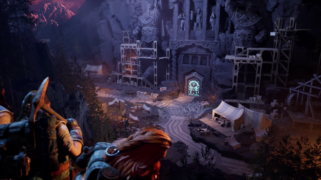 lord of the rings return to moria screenshot with dwarves standing in front of gates of moria holding a pickaxe
