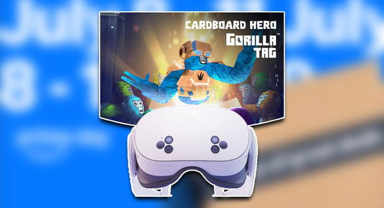 Meta Quest 3S in white in front o Gorilla Tag cover art. Behind this, Prime Day branding that's blurred out.