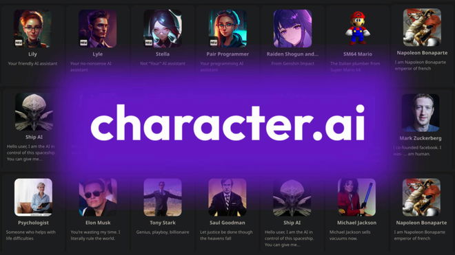 An image of the logo of Character AI with the website in the background