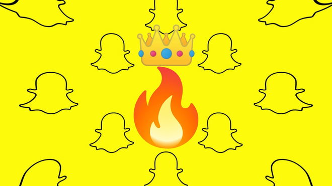 An image of several Snapchat logos, one fire emoji and a crown over it to represent the Longest Snapchat Streak