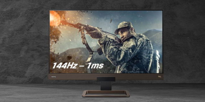 Image of a BenQ monitor featuring a solider in camo shooting a gun on the display.