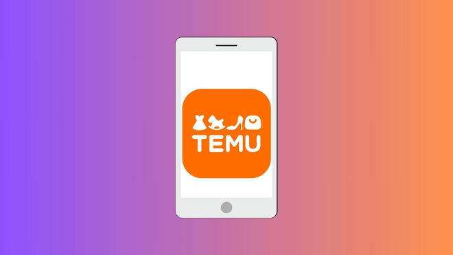 An iPhone on a purple/orange background. The orange icon of TEMU is able to be seen on the iPhone's screen.