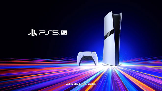 PS 5 Pro console with stand and controller