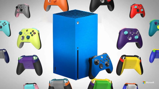A custom blue Xbox Series X console surrounded by a horde of custom controllers  