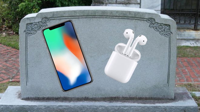 An iPhone X and the original 1st Gen AirPods on a tombstone