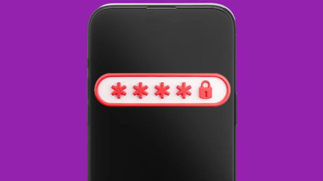 A close up of the top half of an iPhone 15 Pro Max with an encrypted password box on the screen