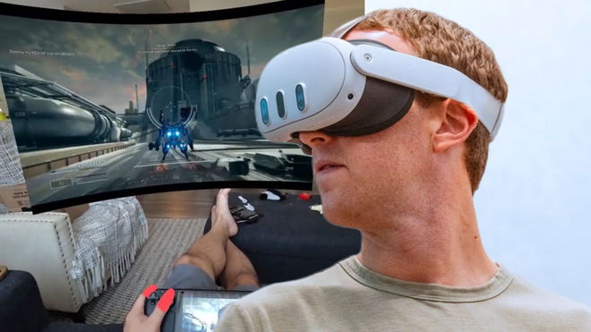 Mark Zuckerberg wearing a Meta Quest 3 headsets superimposed over the top of a Steam Deck user playing Armored Core 6 in augmented reality 
