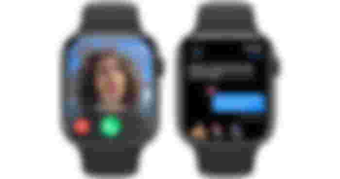 Two Midnight-colored Apple smartwatches next to each other, one with a facetime call on the screen, the other showing text messages.