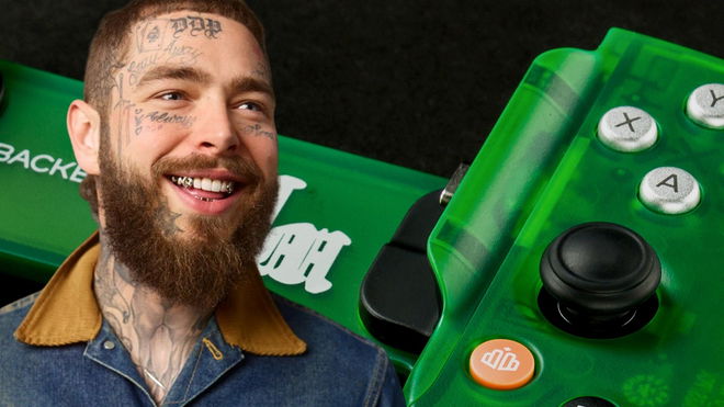 Post Malone smiling from Spotify art in front of the Backbone One x Post Malone green controller