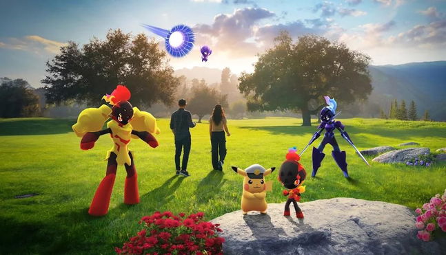 Pokemon Go players standing next to Pokemon in grassy area