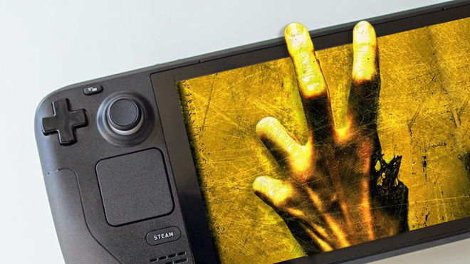 Steam Deck 2 - the original Steam Deck handheld with the Left 4 Dead 2 hand reaching out of the screen 