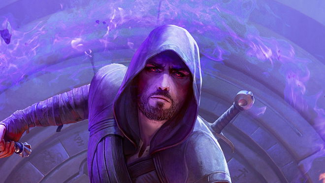 Hooded character in key art for Blade and Sorcery 1.0 holding a sword in front of a temple door