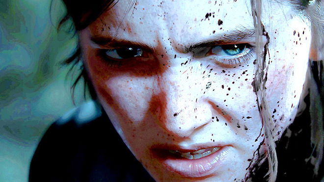 Ellie Williams from the last of us part 2: remastered looking very angry and covered in blood splatter 