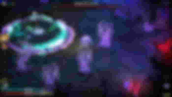 The player fighting Hecate in Hades 2. Hecate is casting a green spell while Melinoe dashes through purple trees.